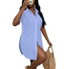 image:imageLYANER Womens Lapel Collar Sexy Blouse  Button Down Short Sleeve High Low Slit Hem Dressy Casual Tops Long ShirtsBlue