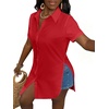 image:imageLYANER Womens Lapel Collar Sexy Blouse  Button Down Short Sleeve High Low Slit Hem Dressy Casual Tops Long ShirtsRed