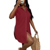 image:imageLYANER Womens Lapel Collar Sexy Blouse  Button Down Short Sleeve High Low Slit Hem Dressy Casual Tops Long ShirtsWine Red
