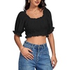 image:imageLYANER Womens Off The Shoulder Crop Tops  Ruffle Trim Ruched Short Sleeve Peasant BlouseBlack