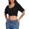 image:imageLYANER Womens Off The Shoulder Crop Tops  Ruffle Trim Ruched Short Sleeve Peasant BlouseBlack
