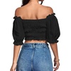 image:imageLYANER Womens Off The Shoulder Crop Tops  Ruffle Trim Ruched Short Sleeve Peasant BlouseBlack