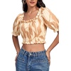 image:imageLYANER Womens Off The Shoulder Crop Tops  Ruffle Trim Ruched Short Sleeve Peasant BlouseKhaki Lines