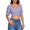 image:imageLYANER Womens Off The Shoulder Crop Tops  Ruffle Trim Ruched Short Sleeve Peasant BlouseLight Purple