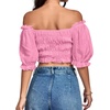 image:imageLYANER Womens Off The Shoulder Crop Tops  Ruffle Trim Ruched Short Sleeve Peasant BlousePink