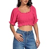 image:imageLYANER Womens Off The Shoulder Crop Tops  Ruffle Trim Ruched Short Sleeve Peasant BlouseRose