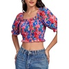 image:imageLYANER Womens Off The Shoulder Crop Tops  Ruffle Trim Ruched Short Sleeve Peasant BlouseRoyal Blue Flowers