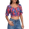 image:imageLYANER Womens Off The Shoulder Crop Tops  Ruffle Trim Ruched Short Sleeve Peasant BlouseRoyal Blue Flowers