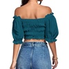 image:imageLYANER Womens Off The Shoulder Crop Tops  Ruffle Trim Ruched Short Sleeve Peasant BlouseTeal Blue