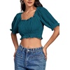 image:imageLYANER Womens Off The Shoulder Crop Tops  Ruffle Trim Ruched Short Sleeve Peasant BlouseTeal Blue