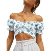 image:imageLYANER Womens Puff Short Sleeve Y2k Crop Top  Summer Ruffle Off The Shoulder Tie Back Cute Cropped Blouse ShirtsBlue Rose