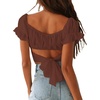 image:imageLYANER Womens Puff Short Sleeve Y2k Crop Top  Summer Ruffle Off The Shoulder Tie Back Cute Cropped Blouse ShirtsBrown