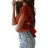 image:imageLYANER Womens Puff Short Sleeve Y2k Crop Top  Summer Ruffle Off The Shoulder Tie Back Cute Cropped Blouse ShirtsCaramel