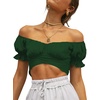 image:imageLYANER Womens Puff Short Sleeve Y2k Crop Top  Summer Ruffle Off The Shoulder Tie Back Cute Cropped Blouse ShirtsDark Green