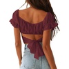 image:imageLYANER Womens Puff Short Sleeve Y2k Crop Top  Summer Ruffle Off The Shoulder Tie Back Cute Cropped Blouse ShirtsDark Red