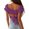 image:imageLYANER Womens Puff Short Sleeve Y2k Crop Top  Summer Ruffle Off The Shoulder Tie Back Cute Cropped Blouse ShirtsDusty Purple