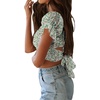 image:imageLYANER Womens Puff Short Sleeve Y2k Crop Top  Summer Ruffle Off The Shoulder Tie Back Cute Cropped Blouse ShirtsFloral Green