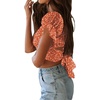 image:imageLYANER Womens Puff Short Sleeve Y2k Crop Top  Summer Ruffle Off The Shoulder Tie Back Cute Cropped Blouse ShirtsFloral Orange