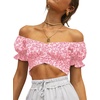 image:imageLYANER Womens Puff Short Sleeve Y2k Crop Top  Summer Ruffle Off The Shoulder Tie Back Cute Cropped Blouse ShirtsFlower Pink