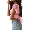 image:imageLYANER Womens Puff Short Sleeve Y2k Crop Top  Summer Ruffle Off The Shoulder Tie Back Cute Cropped Blouse ShirtsFlower Pink