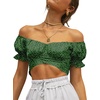 image:imageLYANER Womens Puff Short Sleeve Y2k Crop Top  Summer Ruffle Off The Shoulder Tie Back Cute Cropped Blouse ShirtsHeart Green