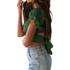 image:imageLYANER Womens Puff Short Sleeve Y2k Crop Top  Summer Ruffle Off The Shoulder Tie Back Cute Cropped Blouse ShirtsHeart Green