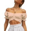 image:imageLYANER Womens Puff Short Sleeve Y2k Crop Top  Summer Ruffle Off The Shoulder Tie Back Cute Cropped Blouse ShirtsKhaki