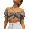 image:imageLYANER Womens Puff Short Sleeve Y2k Crop Top  Summer Ruffle Off The Shoulder Tie Back Cute Cropped Blouse ShirtsLeopard Beige