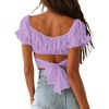 image:imageLYANER Womens Puff Short Sleeve Y2k Crop Top  Summer Ruffle Off The Shoulder Tie Back Cute Cropped Blouse ShirtsLight Purple