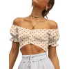 image:imageLYANER Womens Puff Short Sleeve Y2k Crop Top  Summer Ruffle Off The Shoulder Tie Back Cute Cropped Blouse ShirtsPolka Dots Beige
