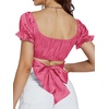 image:imageLYANER Womens Puff Short Sleeve Y2k Crop Top  Summer Ruffle Off The Shoulder Tie Back Cute Cropped Blouse ShirtsSatin Rose