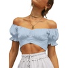 image:imageLYANER Womens Puff Short Sleeve Y2k Crop Top  Summer Ruffle Off The Shoulder Tie Back Cute Cropped Blouse ShirtsSky Blue
