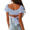 image:imageLYANER Womens Puff Short Sleeve Y2k Crop Top  Summer Ruffle Off The Shoulder Tie Back Cute Cropped Blouse ShirtsSky Blue