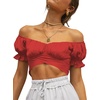 image:imageLYANER Womens Puff Short Sleeve Y2k Crop Top  Summer Ruffle Off The Shoulder Tie Back Cute Cropped Blouse ShirtsSolid Red