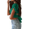 image:imageLYANER Womens Puff Short Sleeve Y2k Crop Top  Summer Ruffle Off The Shoulder Tie Back Cute Cropped Blouse ShirtsTurquoise Green