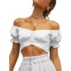 image:imageLYANER Womens Puff Short Sleeve Y2k Crop Top  Summer Ruffle Off The Shoulder Tie Back Cute Cropped Blouse ShirtsWhite