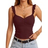 image:imageLYANER Womens Ribbed Knit Cute Tank Tops  Summer Sweetheart Neck Ruffle Strap Ruched Sleeveless Slim Fitted Cami TopDark Red