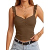 image:imageLYANER Womens Ribbed Knit Cute Tank Tops  Summer Sweetheart Neck Ruffle Strap Ruched Sleeveless Slim Fitted Cami TopReddish Brown