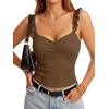 image:imageLYANER Womens Ribbed Knit Cute Tank Tops  Summer Sweetheart Neck Ruffle Strap Ruched Sleeveless Slim Fitted Cami TopReddish Brown