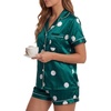 image:imageLYANER Womens Satin Silky Soft Pajamas Set  Button Down Collared V Neck Short Sleeve Blouse Tops with Elastic High Waisted Shorts Comfy Pjs Sleepwear LoungewearDots Dark Green