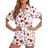 image:imageLYANER Womens Satin Silky Soft Pajamas Set  Button Down Collared V Neck Short Sleeve Blouse Tops with Elastic High Waisted Shorts Comfy Pjs Sleepwear LoungewearHeart White