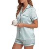 image:imageLYANER Womens Satin Silky Soft Pajamas Set  Button Down Collared V Neck Short Sleeve Blouse Tops with Elastic High Waisted Shorts Comfy Pjs Sleepwear LoungewearLight Green