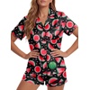 image:imageLYANER Womens Satin Silky Soft Pajamas Set  Button Down Collared V Neck Short Sleeve Blouse Tops with Elastic High Waisted Shorts Comfy Pjs Sleepwear LoungewearWatermelon Black