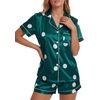 image:imageLYANER Womens Satin Silky Soft Pajamas Set  Button Down Collared V Neck Short Sleeve Blouse Tops with Elastic High Waisted Shorts Comfy Pjs Sleepwear LoungewearDots Dark Green