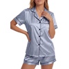 image:imageLYANER Womens Satin Silky Soft Pajamas Set  Button Down Collared V Neck Short Sleeve Blouse Tops with Elastic High Waisted Shorts Comfy Pjs Sleepwear LoungewearSliver Blue2