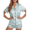 image:imageLYANER Womens Satin Silky Soft Pajamas Set  Button Down Collared V Neck Short Sleeve Blouse Tops with Elastic High Waisted Shorts Comfy Pjs Sleepwear LoungewearLight Green