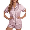 image:imageLYANER Womens Satin Silky Soft Pajamas Set  Button Down Collared V Neck Short Sleeve Blouse Tops with Elastic High Waisted Shorts Comfy Pjs Sleepwear LoungewearChampagne Pink2