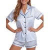 image:imageLYANER Womens Satin Silky Soft Pajamas Set  Button Down Collared V Neck Short Sleeve Blouse Tops with Elastic High Waisted Shorts Comfy Pjs Sleepwear LoungewearLight Blue