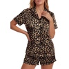 image:imageLYANER Womens Satin Silky Soft Pajamas Set  Button Down Collared V Neck Short Sleeve Blouse Tops with Elastic High Waisted Shorts Comfy Pjs Sleepwear LoungewearLeopard