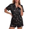 image:imageLYANER Womens Satin Silky Soft Pajamas Set  Button Down Collared V Neck Short Sleeve Blouse Tops with Elastic High Waisted Shorts Comfy Pjs Sleepwear LoungewearCherry Black